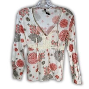 Vintage Y2K Geometric White Babydoll Crochet M Fairy Whimsigoth Long‎ Sleeve Top